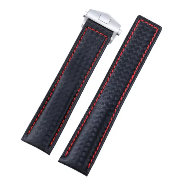 THFL1L3L Strap in Leather Carbon Fiber in Black with Red Stitches for TAG Heuer Carrera, Monaco, Aquaracer