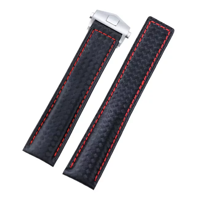 THFL1L3L Strap in Leather Carbon Fiber in Black with Red Stitches for TAG Heuer Carrera, Monaco, Aquaracer