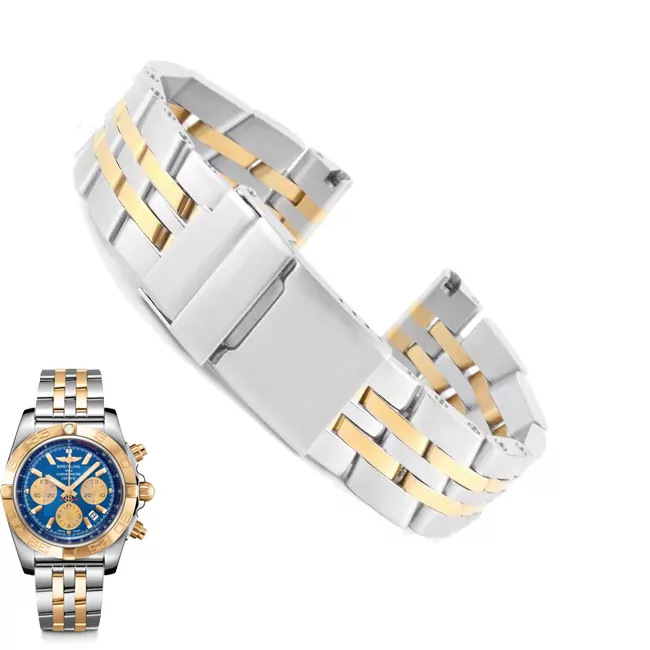 Breitling Two-Tone Silver & Gold Strap Bracelet Strap Bracelet for Chronomat, Navitimer, Crosswind, Colt Breitling 20, 22, 24mm Stainless Steel