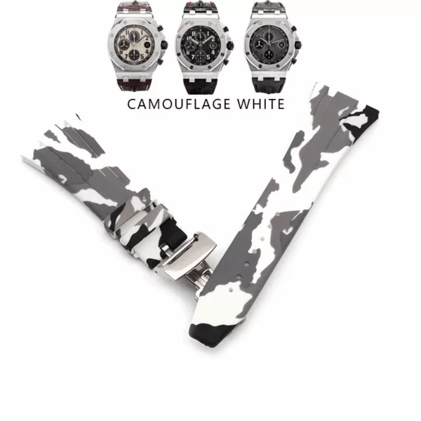 9_Bracelet-de-montre-en-caoutchouc-naturel-de-26mm-coloris-bracelet-de-montre-boucle-pliante-adapt-aux White Camouflage Strap Royal Oak Kasparov Audemars Piguet 26mm In Rubber - Silver