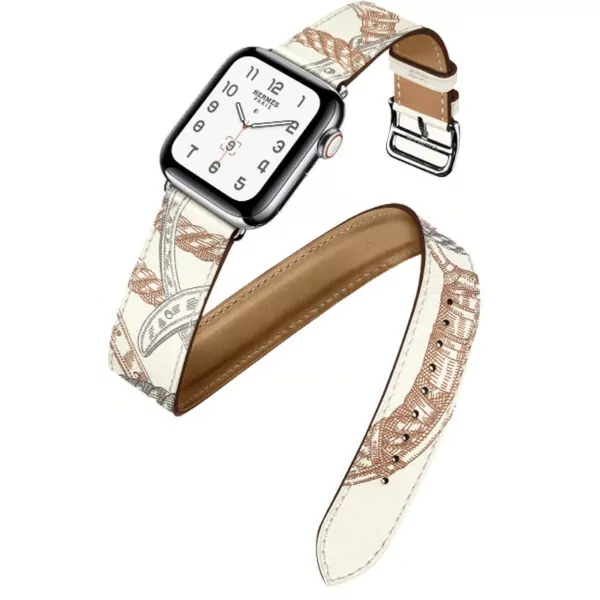 our-bracelet-de-montre-apple-5-4-3-2-he_main-0 White Printed Double Tour Band Apple iWatch Hermes In Leather