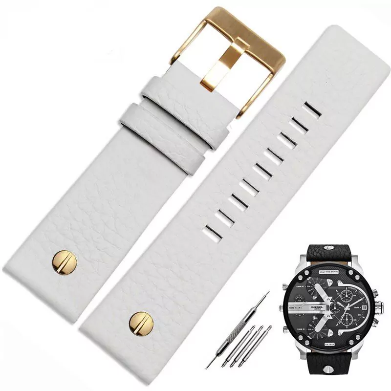 DSFP42 White Strap with Pin for Diesel DZ4323 DZ1657 DZ1206/4318 22,24,26,27,28,30mm In Leather