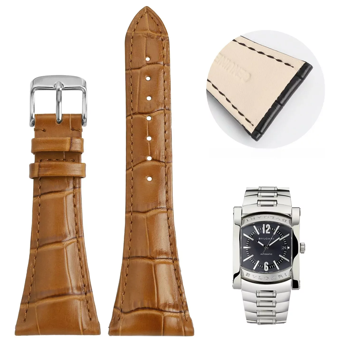 Leather_strap_for_Bvlgari_Assioma_13 Light Brown Strap for Diagono Assioma In Genuine Crocodile Leather - 2 sizes