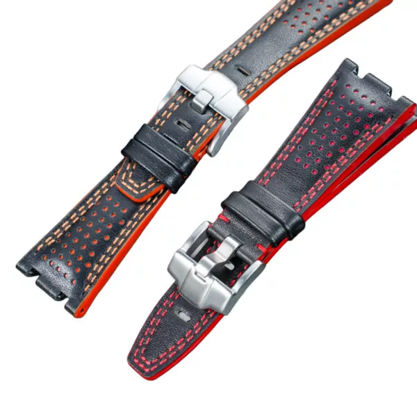 Perforated_Double_Stitching_Strap_for_Audemars_Piguet_Royal_Oak_Offshore_1 Black & Red Perforated Leather Bracelet for Audemars Piguet Royal Oak Offshore - 28mm