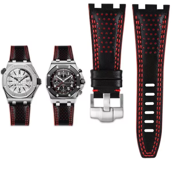 Perforated_Double_Stitching_Strap_for_Audemars_Piguet_Royal_Oak_Offshore_18 Black & Red Perforated Leather Bracelet for Audemars Piguet Royal Oak Offshore - 28mm