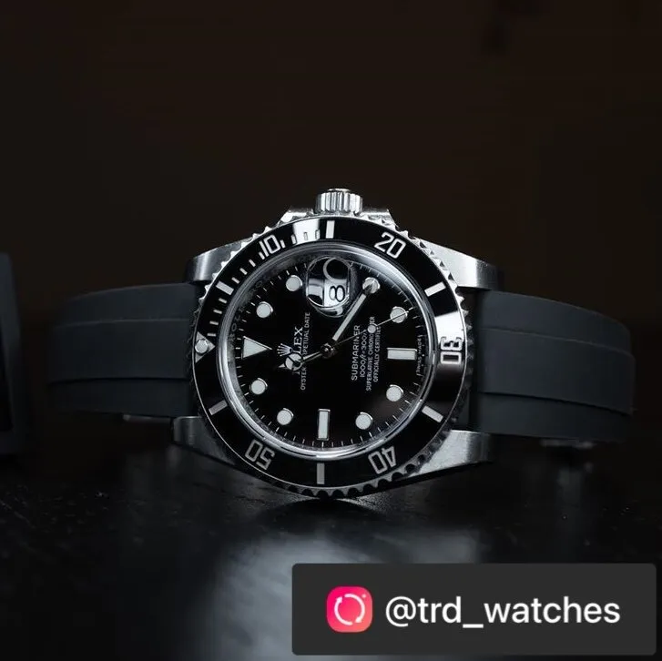 Aftermarket strap fitted to a luxury watch